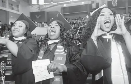  ?? ALGERINA PERNA/BALTIMORE SUN ?? At Coppin State University’s commenceme­nt Saturday, Yaquira M. Worley, from left, Dajahnae E. Wing and Raphaelta Masango enjoy the spirit of the day.