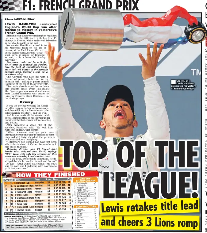  ??  ?? ON THE UP: Lewis Hamilton celebrates his victory in France yesterday