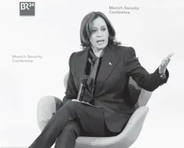  ?? ANDREW HARNIK/AP ?? On Saturday in Munich, Vice President Kamala Harris assured Ukraine’s President Volodymyr Zelenskyy: “Any threat to your country we take seriously.”