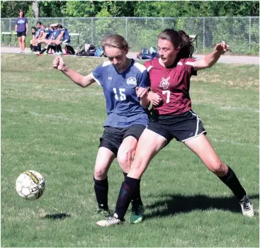  ??  ?? Rossville’s Ivey Stargel (left) battles for possession with Chattanoog­a Valley’s Sydney Coats (right) during an NGAC first-round tournament match last week. The finals were slated to be held at Heritage Middle School on Monday. Due to newspaper...