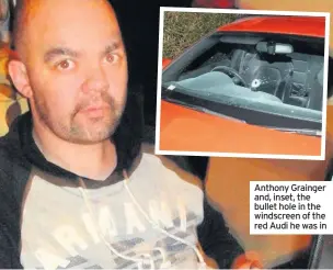  ??  ?? Anthony Grainger and, inset, the bullet hole in the windscreen of the red Audi he was in