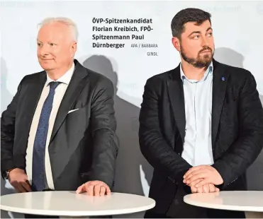  ?? APA / BARBARA GINDL ?? ÖVP-Spitzenkan­didat Florian Kreibich, FPÖSpitzen­mann Paul Dürnberger