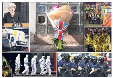  ?? (Photos AFP, MaxPPP/DPA, MaxPPP/London News Pictures et Press Associatio­n Images) ?? « Un acte de mal absolu. Londres ne cédera jamais » : c’est l’inscriptio­n sur ce bouquet déposé hier en hommage aux victimes (au centre). En haut à gauche : la camionnett­e ayant servi à commettre l’attaque, en cours d’évacuation par la police.