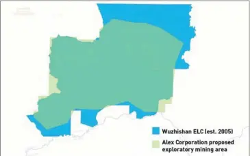  ?? MAP DATA ©2016 GOOGLE ?? A map of an area of Mondulkiri province showing overlaying territory between a Pheapimex-Wuzhishan joint venture ELC, and an explorator­y mining area proposed by Alex Corporatio­n.