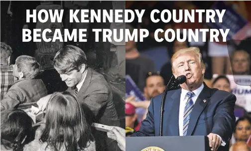  ?? FILE PHOTO BY AP, LEFT; JUSTIN MERRIMAN/ GETTY IMAGES ?? At left, Sen. Robert F. Kennedy visits students in rural Breathitt County, Ky., and chats with two girls at Millers Branch School in February 1968. At right, President Trump rallies with supporters in August 2017 at the Big Sandy Superstore Arena in...