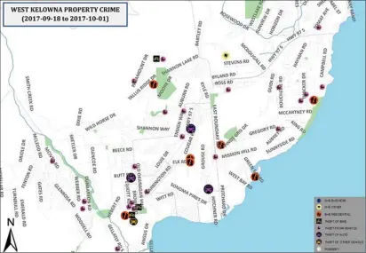  ??  ?? Maps show property crimes in West Kelowna, above, and Peachland from Sept. 18 to Oct. 1. Maps provided by Central Okanagan Crime Stoppers.