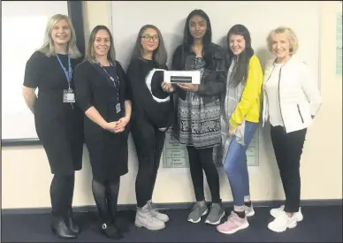  ??  ?? ■ Pictured: (from left) Loughborou­gh College’s Heather Clarke and Emma Setchfield, Orchard Mead Academy pupils Grace Harris, Tasneem Rafik and Phoebe Timms and Rosemary Conley OBE.