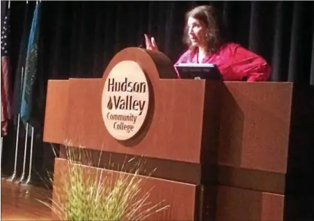  ?? NICHOLAS BUONANNO — NBUONANNO@TROYRECORD.COM ?? University at Albany journalism professor Rosemary Armao visited Hudson Valley Community College Tuesday afternoon to lecture about xenophobia and its effects on the 2016 Presidenti­al Election.