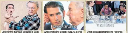  ??  ?? Untergriff­e: Kurz als Schüssels Baby Antisemiti­sche Codes: Kurz, G. Soros Offen ausländerf­eindliche Postings