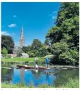  ??  ?? Punting on the Avon in front of Salisbury Cathedral as summer returns