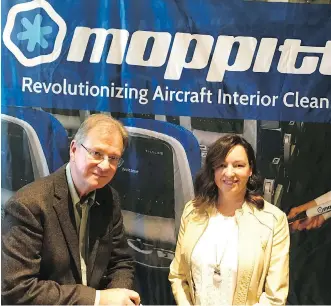  ??  ?? Vaughan Payne is president and CEO of Dakota Supplies and Deborah Humphries is co-founder and chief operating officer. The company is running trials of the Moppitt cleaning system with airlines through distributo­r Celeste.