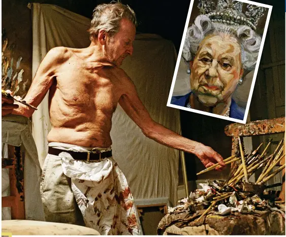  ??  ?? master at work: Freud in 2005 in his studio. Inset: Freud’s portrait of the Queen, 2000-2001. Left: Benefits Supervisor Sleeping,
1995, was bought by Roman Abramovich for £17.2million (€19.3m) in 2008
