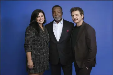  ?? MARK VON HOLDEN — INVISION/AP ?? Gina Carano, left, Carl Weathers and Pedro Pascal at the Disney Plus launch event promoting “The Mandaloria­n” at the London West Hollywood hotel in West Hollywood. The ambitious eight episode show with the budget of a feature film is one of the marquee offerings of the Walt Disney Co.’s new streaming service, Disney Plus, which launches Nov. 12.