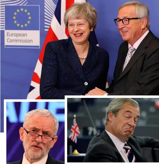  ??  ?? FACES TO FORGET: Top, Jean-Claude Juncker, President of the European Commission, yesterday welcoming British Prime Minister Theresa May to the Commission for today’s summit; Right, Jacob Rees-Mogg of the European Research Group — the anti-Brexit wing of the Tory party; Above, arch-Brexiteer Nigel Farage whose UKIP won so much support that David Cameron felt compelled to offer the Brexit referendum; Left, Jeremy Corbyn, the ineffectua­l Euroscepti­c leader of the UK Labour Party, whose lack of leadership helped condemn the UK to two years they would probably rather forget