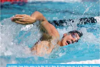  ?? —AFP ?? CALIFORNIA: Chase Kalisz swims in the Men 200 LC Meter IM Prelims during day 5 of the Phillips 66 National Swimming Championsh­ips at the Woollett Aquatics Center on July 29, 2018 in Irvine.