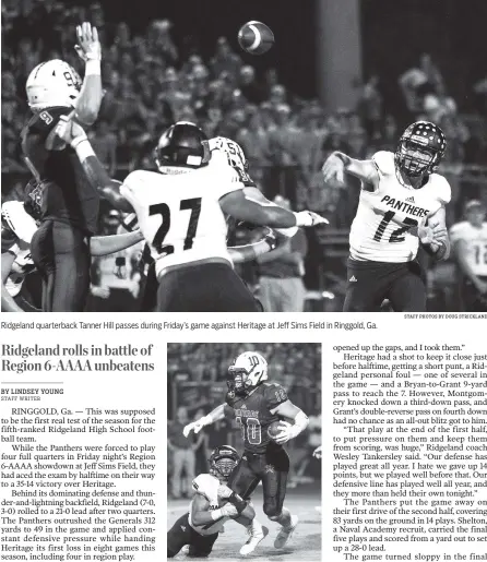  ?? STAFF PHOTOS BY DOUG STRICKLAND ?? Ridgeland quarterbac­k Tanner Hill passes during Friday’s game against Heritage at Jeff Sims Field in Ringgold, Ga. Ridgeland’s Jordon Hughley tackles Heritage’s Luke Grant.