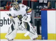  ?? ALEX BRANDON — THE ASSOCIATED PRESS ?? Vegas Golden Knights goaltender Marc-Andre Fleury warms up before Game 4 of the NHL hockey Stanley Cup Final against the Washington Capitals, Monday in Washington.