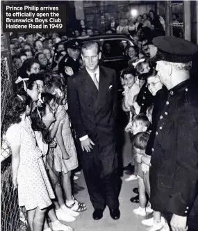  ??  ?? Prince Philip arrives to officially open the Brunswick Boys Club Haldene Road in 1949