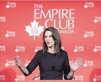  ?? NATHAN DENETTE THE CANADIAN PRESS ?? Ontario Attorney General Caroline Mulroney addresses the Empire Club of Canada about the legalizati­on of cannabis in Toronto on Tuesday. She says the province will kick off a public-awareness campaign next week.