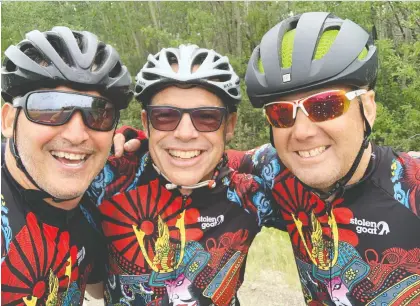  ??  ?? From left, John Bodnar, Bill Shore and Martin Pederson hiked their distance target and cycled 1,000 kilometres each on their CASA five-day ride last week. They contribute­d to a goal of raising $100,000 to help Indigenous youth with mental health issues.