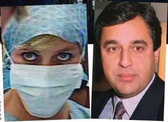  ??  ?? Under pressure: Diana watching an operation at Harefield Hospital where Hasnat Khan, right, was a surgeon and, top, during her Panorama interview with Martin Bashir