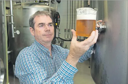  ?? THE CANADIAN PRESS/STEPHEN MACGILLIVR­AY ?? Sean Dunbar, owner of Picaroons Craft Beer, does a colour check on one of their brews in Fredericto­n, N.B. The craft brewing industry is booming in Fredericto­n and officials in New Brunswick’s capital are hoping tourists will want to taste what the...