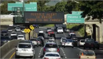  ?? ANTHONY QUINTANO — CIVIL BEAT VIA AP ?? In this Saturday photo provided by Civil Beat, cars drive past a highway sign that says “MISSILE ALERT ERROR THERE IS NO THREAT” on the H-1 Freeway in Honolulu. The state emergency officials announced human error as cause for a statewide announceme­nt...