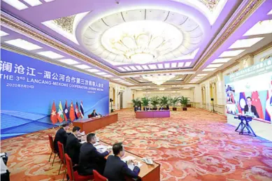  ??  ?? Chinese Premier Li Keqiang attends the third Lancang-mekong Cooperatio­n Leaders’ Meeting via video link at the Great Hall of the People in Beijing, August 24, 2020.