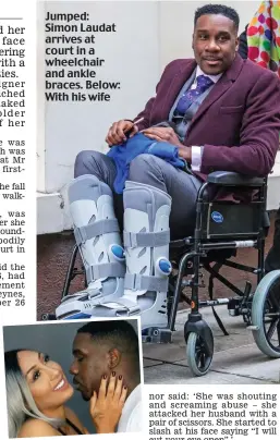  ??  ?? Jumped: Simon Laudat arrives at court in a wheelchair and ankle braces. Below: With his wife