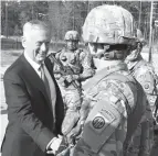  ?? Associated Press ?? Defense Secretary Jim Mattis greets soliders Friday at Fort Bragg, N.C.