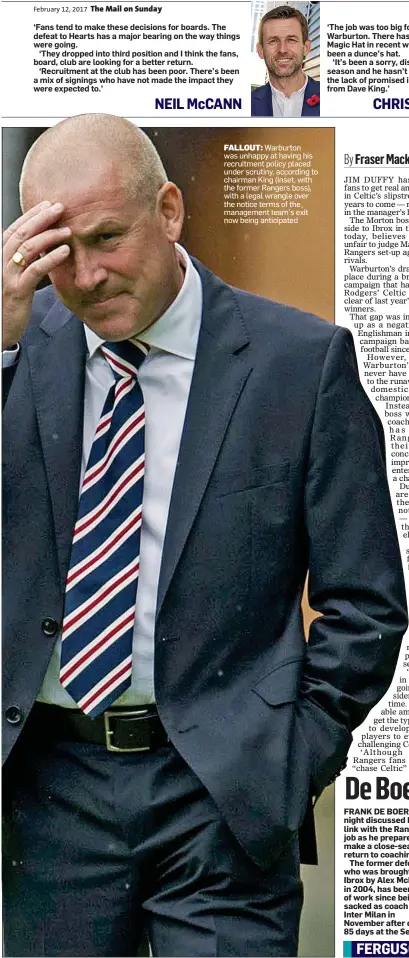  ??  ?? FALLOUT: Warburton was unhappy at having his recruitmen­t policy placed under scrutiny, according to chairman King (inset, with the former Rangers boss), with a legal wrangle over the notice terms of the management team’s exit now being anticipate­d