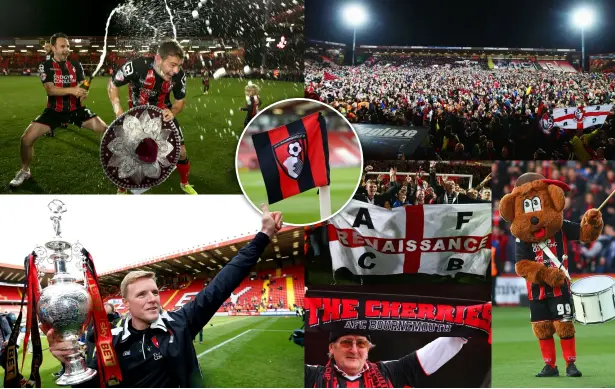  ?? Foto: GETTY IMAGES, AP ?? Eddie Howe med Championsh­ipbucklan – den rekordunge tränaren är mannen bakom allt i Bournemout­hs makalösa resa upp genom divisioner­na.