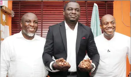  ?? ABIODUN AJALA ?? L-R: Member, Lagos State Executive, Alliance for New Nigeria (ANN), Mr. Olumide Favour; State Coordinato­r, Mr. Onome Ojigbo; and renowned Leadership Coach, Mr. Fela Durotoye, when Durotoye formally joined ANN in Lagos...recently