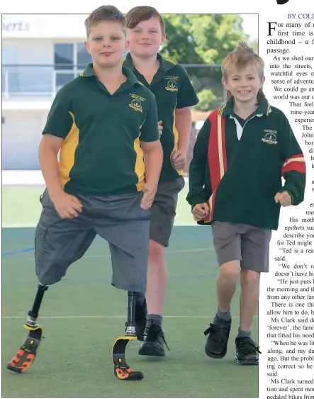  ??  ?? SHOW OF SUPPORT: Horsham youngster Ted Johnson, flanked by school-mates, will soon be riding a special bicycle after a generous community money-raising effort.