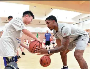  ?? PROVIDED TO CHINA DAILY ?? NBA guard Gary Harris of the Denver Nuggets coaches a kid at the NBA Basketball Camp Mission Hills