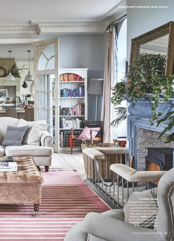  ??  ?? Living room Salvaged features including cornicing, the fireplace and grand glazed doors bring character to the orangeryst­yle space with its arched windows. Walls painted in Falcon Grey, Konig Colours. Fireplace, Norfolk Antique & Reclamatio­n Centre