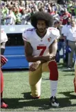  ?? TED S. WARREN - THE ASSOCIATED PRESS ?? FILE - In this Sept. 25, 2016, file photo, San Francisco 49ers’ Colin Kaepernick kneels during the national anthem before an NFL football game against the Seattle Seahawks, Sunday, Sept. 25, 2016, in Seattle.