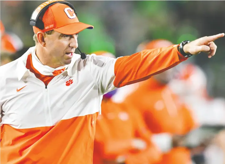  ?? Matt Cashore / USA TODAY Sports ?? Clemson head coach Dabo Swinney cried foul when his team’s game against Florida State was called off hours before kickoff over coronaviru­s concerns.