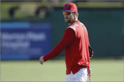  ?? CHRIS O’MEARA – THE ASSOCIATED PRESS ?? The Phillies’ 330-million-dollar-man Bryce Harper, still a work in progress in spring training, took a bit of a step Monday when he had twoChits in a minor-league exhibition in Clearwater.