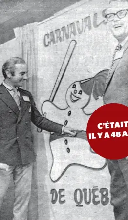  ?? PHOTO D’ARCHIVES ?? Le gérant Jim Fanning et Claude Raymond dévoilent le nouveau nom du club-école de niveau AA des Expos dans la Ligue Eastern, Les Carnavals de Québec.