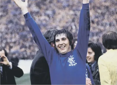  ??  ?? 0 Rangers’ Tom Forsyth is overjoyed after his match-winning performanc­e in the 1973 Scottish Cup final at Hampden.