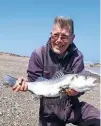  ??  ?? A squid bait produced this 6lb bass for Richard Johnson, of Sheffield, who was fishing at Kilnsea, East Yorks.