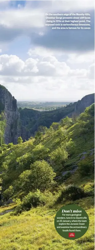 ??  ?? On the southern edge of the Mendip Hills, Cheddar Gorge presents sheer cliff faces rising to 137m at their highest point. The exposed rock is carbonifer­ous limestone, and the area is famous for its caves