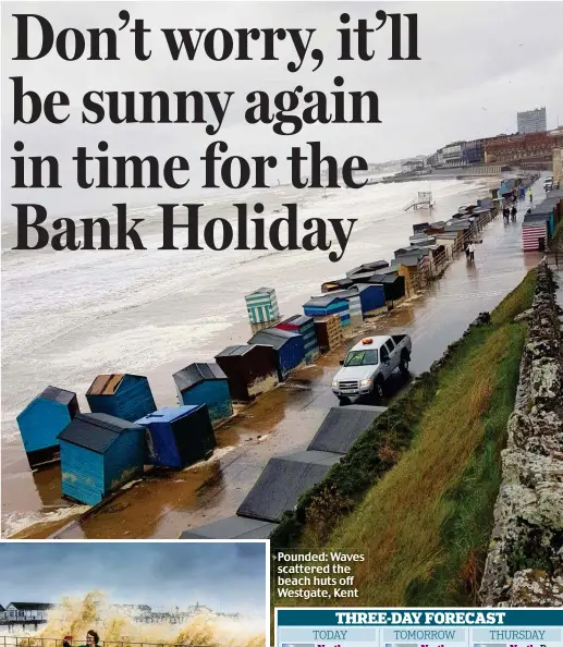  ??  ?? Pounded: Waves scattered the beach huts off Westgate, Kent