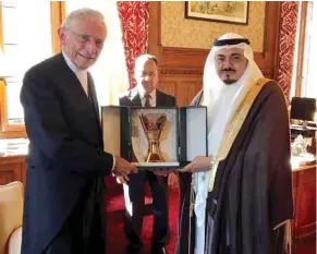  ??  ?? Shoura Council Deputy Speaker Mohammed Al-Jefri meets with Lord Norman Fowler, speaker of the UK’s House of Lords, in London on Friday. (SPA)