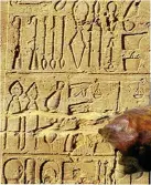  ??  ?? Antieke Egiptiese mediese instrument­e soos uitgebeeld in die Tempel van Kom Ombo, wat tussen 180 en 47 v.C. gebou is. ’n Kunstoon van hout en leer uit antieke Egipte om iemand wat ’n toon verloor het weer te help loop.