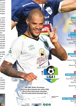  ?? RADAR SEMARANG ANGGER BONDAN/ JAWA POS ?? ON FIRE: Striker Persebaya David da Silva (bawah) dan striker PSIS Bruno Silva sama-sama mencetak hat-trick pada pekan keempat Liga 1. Kiper AJI BAYU (PSIS) Menit Bermain: 55 Penyelamat­an: 4 Akurasi Passing: 35% Passing: 17 Intersep: 4
Bek Tengah...