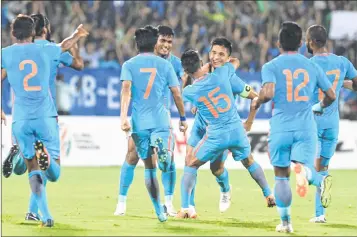  ??  ?? Udanta Singh greets India skipper Sunil Chhetri after he scored the first goal vs Kenya in the Internatio­nal Cup final in Mumbai on Sunday.