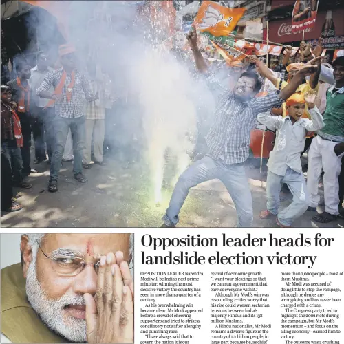  ?? PICTURES: AP PHOTO/RAJESH KUMAR SINGH ?? COMMANDING LEAD: Top, Bharatiya Janata Party supporters celebrate the news of results in Allahabad, Uttar Pradesh. Above, party leader Narendra Modi.