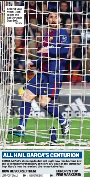  ?? BPI/REX ?? Behind you: Messi (left) slides the ball through Courtois